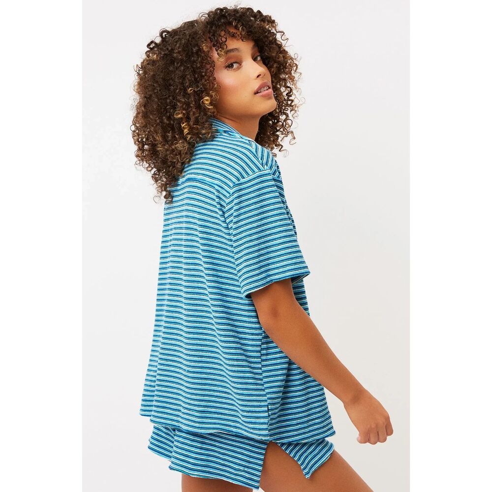 Frankies Bikinis Coco Striped Terry Button Up Shirt and Shorts Set - Picture 2 of 10
